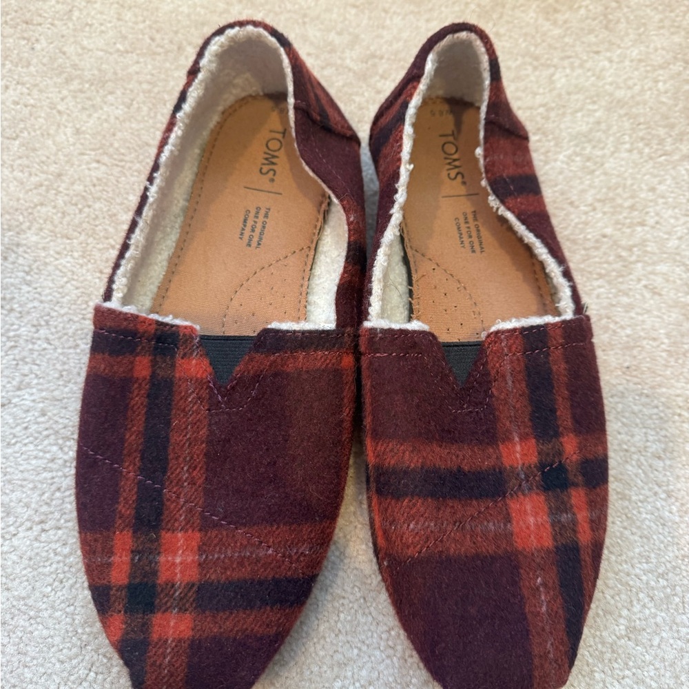 TOMS Burgundy and Black Plaid Slip-On Flats